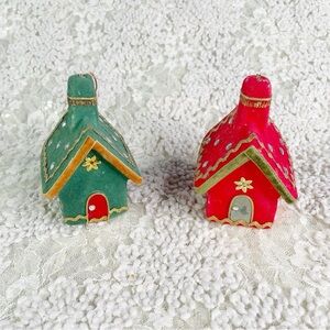 Vintage Flocked Foam Christmas Village Houses Green Red Retro Holiday Decor